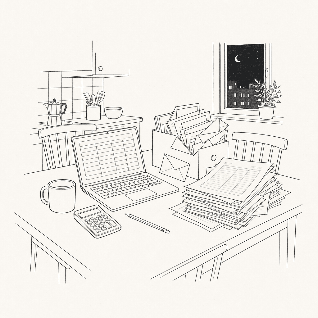 Dessin au trait d’une table de cuisine encombrée de papiers, d’enveloppes et d’un ordinateur portable
